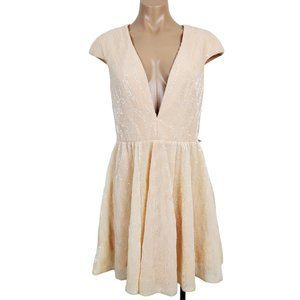 Ieena for Mac Duggal Sequin Fit & Flare Dress 4 Porcelain Cap Sleeve Plunge Neck